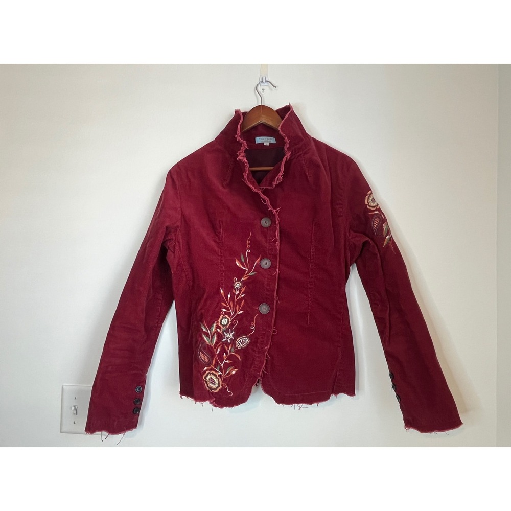 Yak n Yeti Burgundy Corduroy Embroidered Floral Jacket Raw Hem Womens Large Boho